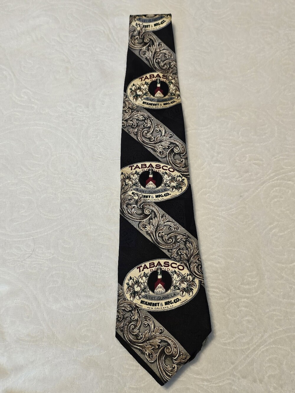 Vintage 90s Tabasco Brand Silk Tie McIlhenny Avery Island Bottle Scroll Novelty
